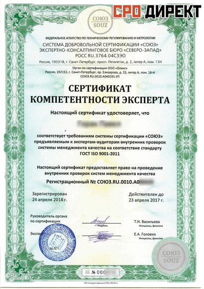 Арсеньев - Сертификат Эксперта ИСО(ISO) 9001 